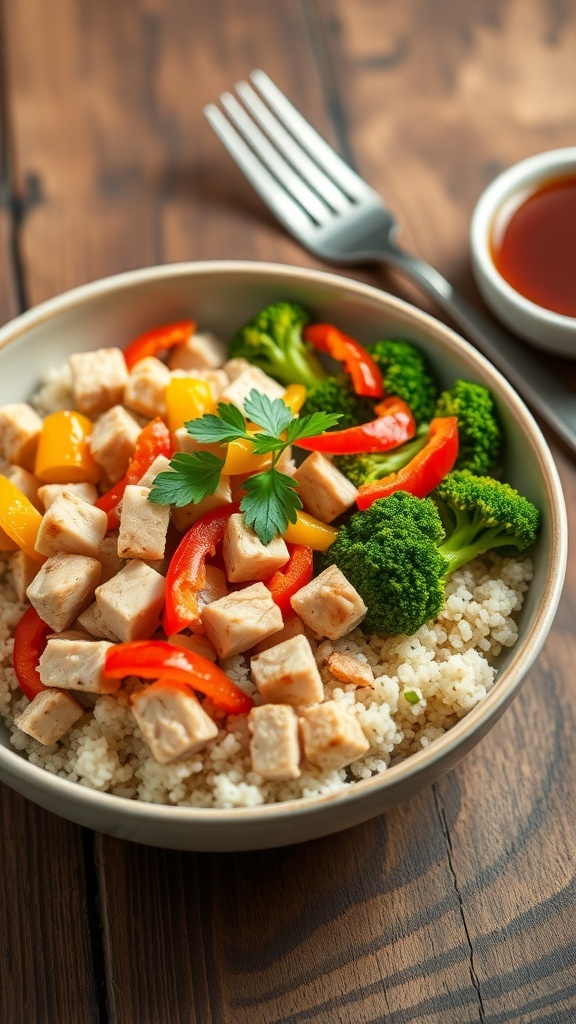 A savory chicken bowl with quinoa, bell peppers, and broccoli, garnished with parsley on a rustic table.